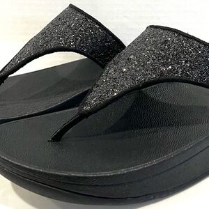 FitFlop Lulu Glitter Thong Sandals Black Women's US 8 Microwobbleboard Wedge NWT